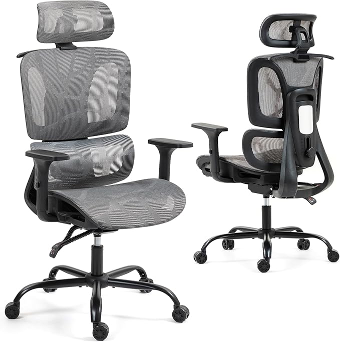 Ergonomic Office Chair with Adjustable Lumbar Support, 3D Armrests & Headrest, 135° Reclining Chair with Large Steel Base, Swivel Desk Mesh Chair, High Back Office Chair, Grey