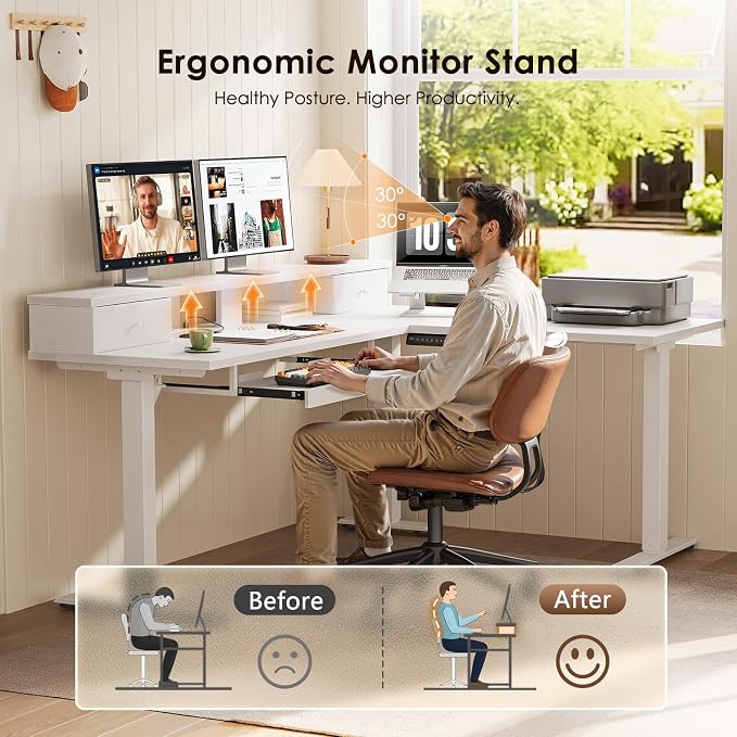 OffiGo 59 Inch L Shaped Electric Standing Desk with Drawers, Height Adjustable Corner Computer Desk with Keyboard Tray & Monitor Stand, Stand Up Table for Home Office Workstation, White