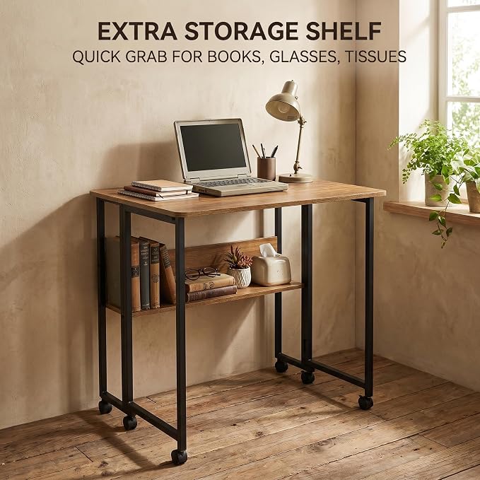 Mobile Foldable Desk w/ 6 Wheels,Portable Rolling Small Computer Desk w/Storage Shelves, Folding desks for Small Spaces, Computer Table for Home Office Bedroom Living Room-Brown