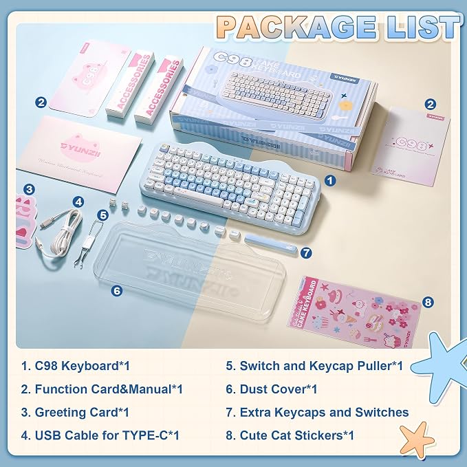 YUNZII C98 Wireless Mechanical Keyboard with Number Pad,98 Key BT5.0/2.4G/USB-C Hot Swap Gasket Mount with PBT MOA Keycaps,Custom RGB,Cute Cake Keyboard for Win/Mac (Blue, Candy Linear Switch)