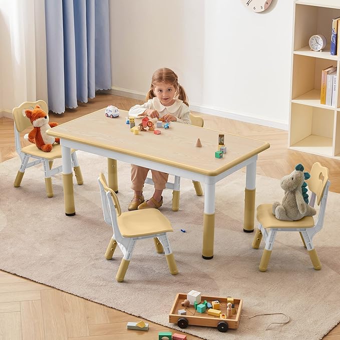 DOREROOM Adjustable Kids Table & 4 Chairs Set, 47.2" L x 23.6" W, Beige-W | Graffiti Desktop,Table Supports 300 lbs,Toddler Ages 2-8，FSC-certified, Children Activity Table for Daycare, Classroom, Home