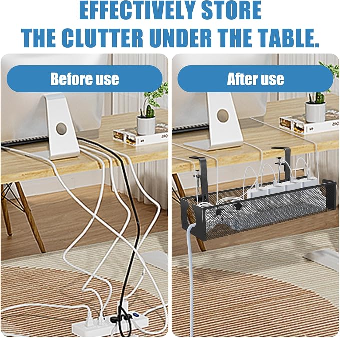 Under Desk Cable Management Tray, No Drill Steel Cord Organizer Kit with 52Pcs Different Essential Accessories for Home Office Standing Desk (13.4inch, Black)