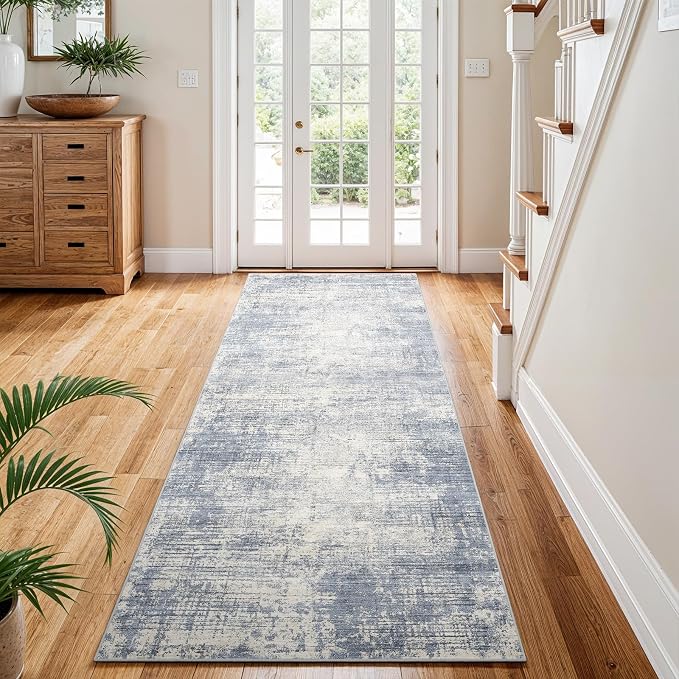 3x8 Hallway Washable Runner Rug - Non-Slip Kitchen Rugs with Rubber Backing Abstract Neutral Low-Pile Carpet Runners for Laundry Room Home Decor Bedroom Bathroom Entryway (Blue Gray,3x8)