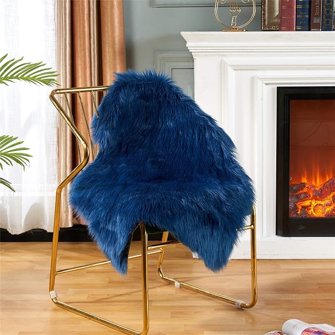 EasyJoy Ultra Soft Fluffy Shaggy Area Rug Faux Fur Rug Chair Cover Seat Pad Fuzzy Area Rug for Bedroom Floor Sofa Living Room (2 x 3 ft Sheepskin, Dark Blue)