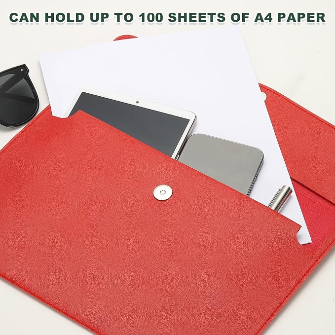 PATIKIL PU Leather A4 File Folder, Document Holder Filing Organizer Portfolio Envelope Folder Case with Snap Closure for Letter Receipt Style 2, Red