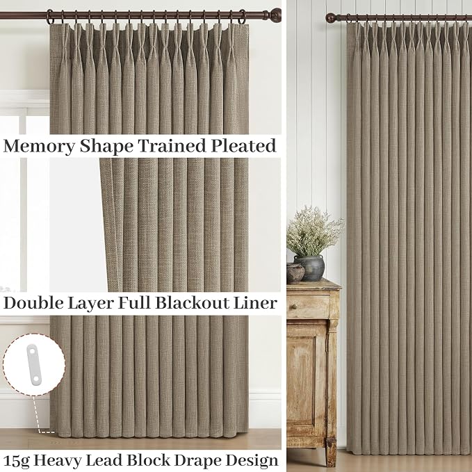 Memory Trained Pinch Pleated Blackout 78 Inch Curtains for Sliding Glass Doors, Oak Taupe Thick Natural Linen Double Layer Thermal Soundproof Farmhouse Windows Drapes with Hooks & Rings 2 Panels Set