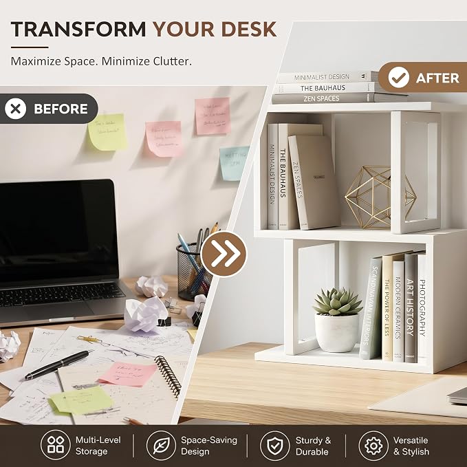 Desk Shelf Organizer, Small Desktop Bookshelf Wood, White | Dorm Desk Hutch, 3-Tier, Desktop Organizer Shelf Storage Unit, for Home, Dorm, Office