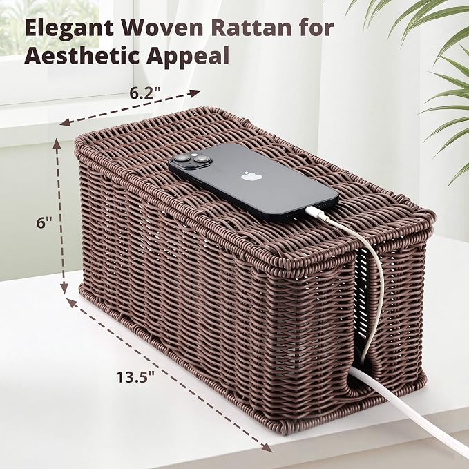 ZhiYo Rattan Cable Management Box, Dark Brown, 13.5" x 6.2" x 6" | Handwoven cord organizer conceals power strips and cables for a cleaner home or office setup, cord hider design