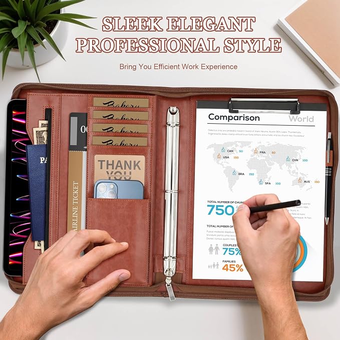 Faux Leather Portfolio Binder with Handle & Clipboard, Zippered Padfolio Folder Organizer 3 Ring Binder for Document, Business Card Holder,Professional Portfolio Notebook for Men & Women (Brown)