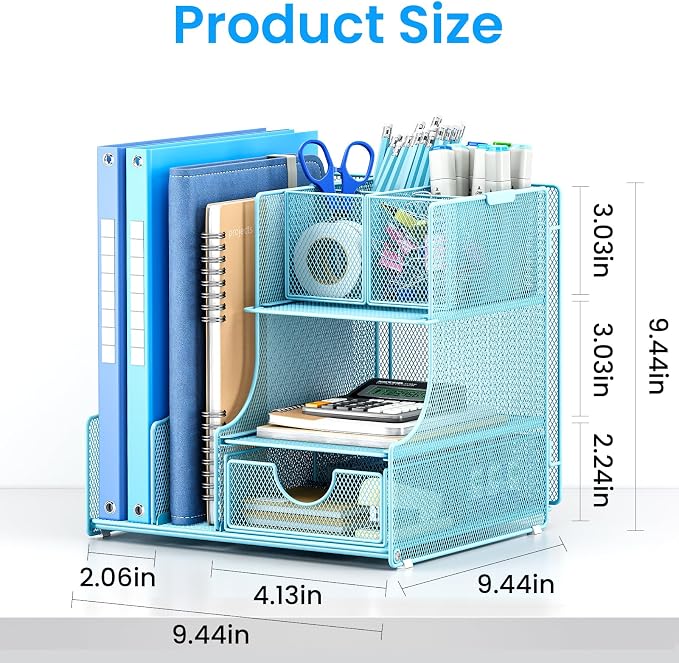 Lavatino Desk Organizer – 4-in-1 Blue Mesh Office Supplies Organizer with Pen Holder, File Holder, Desktop Tray, and Drawer for Home, Office, Classroom