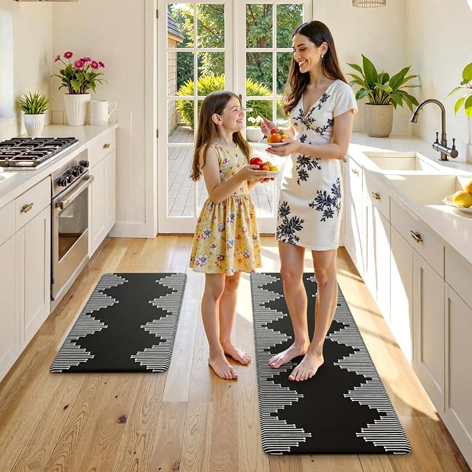 KIMODE Anti Fatigue Kitchen Mats,Black Boho Kitchen Rugs,Standing Desk Mats | Padded Kitchen Mat for Floor, Cushioned Kitchen Mats for Floor 2 Piece for Laundry Office Sink Dormitory RV 17"x47"+17"x29"