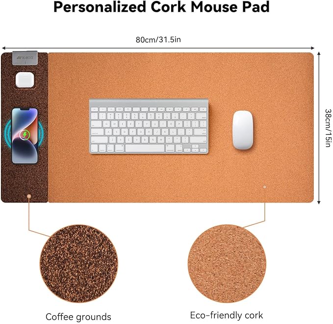 3-in-1 Eco Cork Wireless Charging Mouse Pad, Dual-Sided Fast Charge Mouse Mat, Extra Large Waterproof Office & Makeup Desk Protector, Qi-Certified Desk Pad for iPhone/Samsung/AirPods