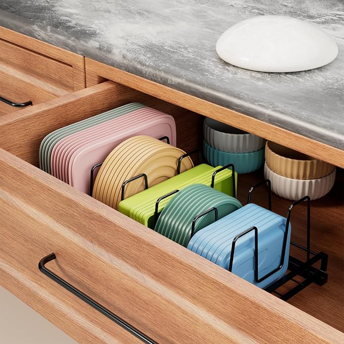 Food Container Lid Organizer Rack with Adjustable 6 Dividers, Black | Full-Metal Pot and Pan Organizer Holder for Home Kitchen Cabinets, Drawers, Countertop, Cupboards, Pantry Shelves Storage