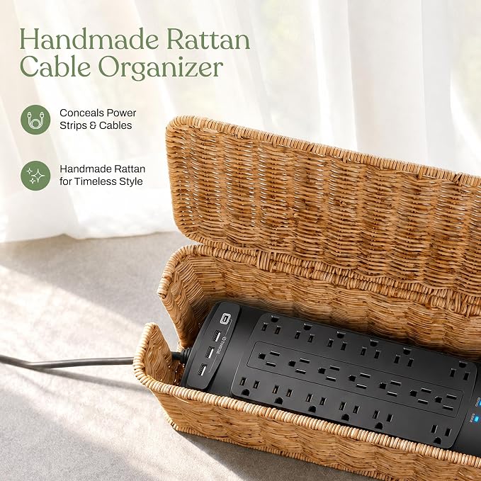 Cable Management Box Set of 2 Sizes, Handmade Rattan Cable Organizer with 2 Open Slots, Cord Hider for Power Strip, Router & USB Hub, Registered U.S. Design Patent (D1,112,102), Natural