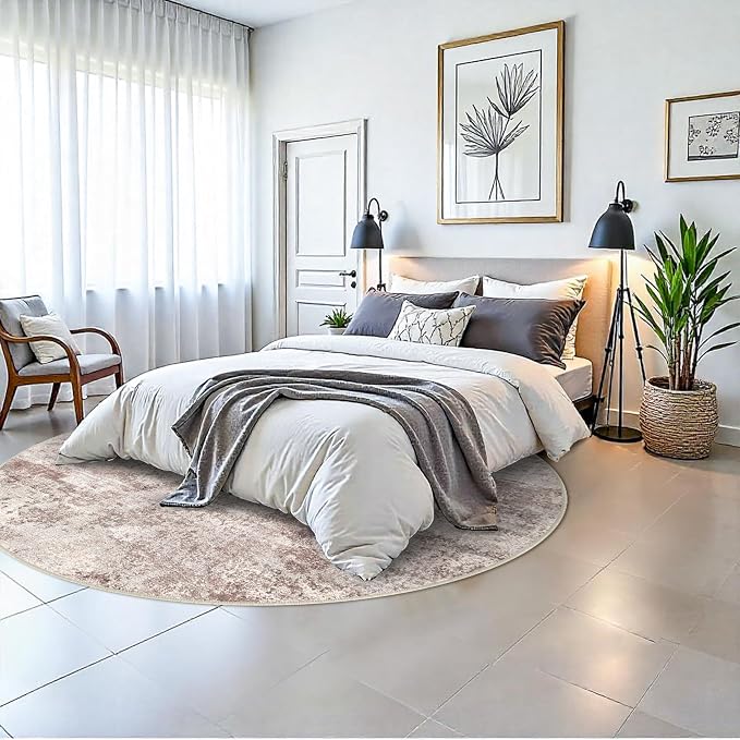 Washable Abstract 6ft Round Rugs - Circle Rug for Living Room Non Slip Indoor Carpet for Dining Table Bedroom Kitchen - Farmhouse Stain Resistant Throw Floor Mat for Home Decor (Brick-Beige 6ft)