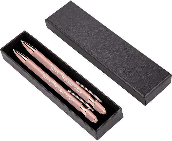 ExpressDesigns™ - Personalized Pens Gift Set - 2 Pack of Rose Gold Soft Touch Metal Pens w/gift box - Luxury Ballpoint Pen Custom Engraved with Name | Perfect for Him or Her (Rose)