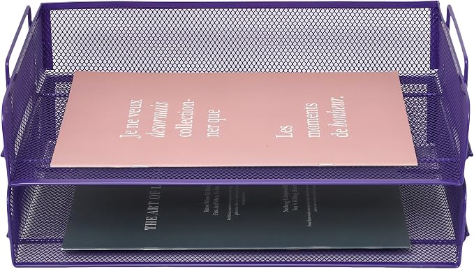 2 Pack Stackable Desk Paper Tray, Metal Mesh Desktop Document Letter File Organizer for Office Home School, 13.5'' L x 9.75'' W x 5.5'' H, Purple