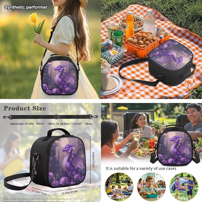 Purple Dragon Backpack for Girls Cute with Lunch Box, 17 Inch Large Capacity Bookbag 4PCS Set, Rose Castle Elementary School Bags for Kids Ages 6-10 Back to School