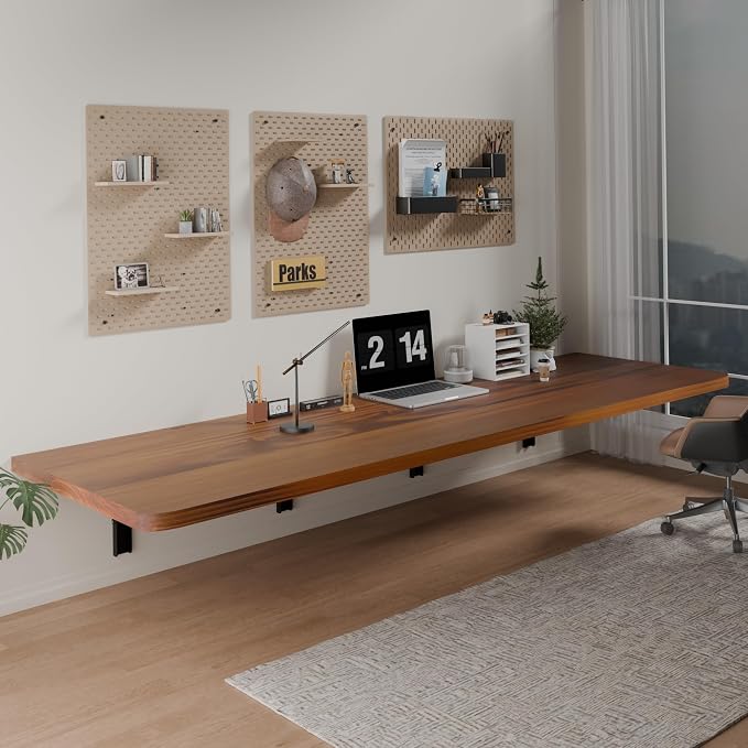IAE Floating Wall Mounted Folding Table Desk with Pine Wood,72" x 22" Foldable Workbench,Fold Down Wall Mounted Foldable Desk with Shelf Brackets,Laundry Folding Table for Home,Dining,Kitchen,Teak