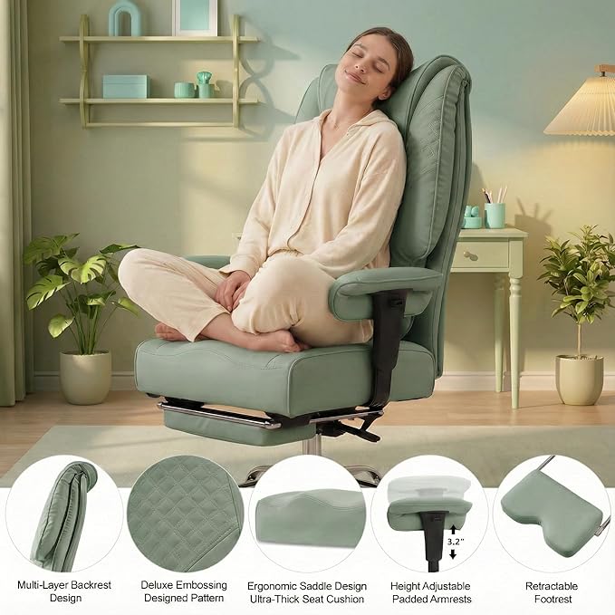 Big and Tall Office Chair 400lbs Wide Seat, Leather High Back Executive Office Chair with Foot Rest, Ergonomic Chairs Lumbar Support for Lower Back Pain Relief (Light Green)
