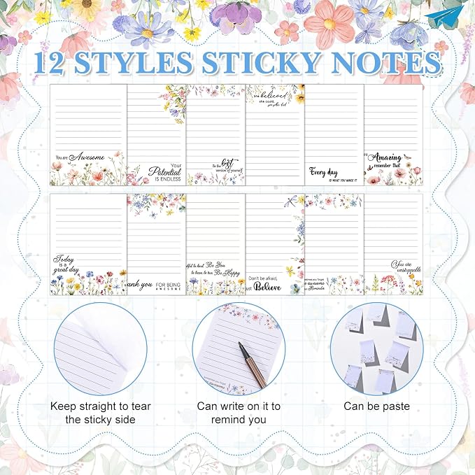 Chiisong 12 Pads Wildflower Sticky Notes Gift 3 x 4 Inches Motivational Adhesive Memo Reminder Inspirational Memo Notepads Employee Appreciation Gift Bulk for Teacher Nurse Mom