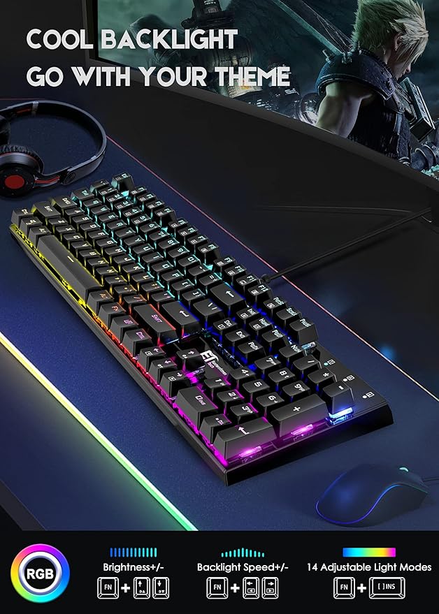 TDT Mechanical Gaming Keyboard,Wired 104 Keys RGB Keyboard with Blue Switch, Programmable RGB Backlit for Windows Gaming PC