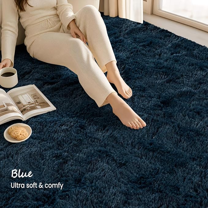 Zentavio Rugs for Boys Room Blue 3x5 Area Rugs for Living Room Small Navy Carpet for Bedroom Washable Soft Fluffy Shag Aesthetic Plush High Pile Throw Rug for Nursery Kids Room Dorm Room