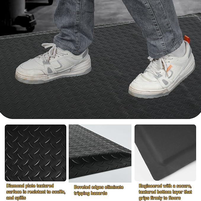 Nisorpa Anti Fatigue Mats Industrial 2' x 3' Ergonomic Standing Mat 15/16" Extra Thick Shop Floor Mat Kitchen Mats Heavy Duty Commercial Diamond Plate Support for Leg & Back Pain, Black