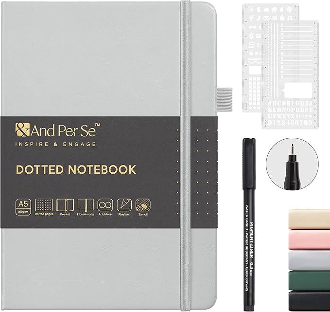 &And Per Se A5 Hardcover Dotted Notebook Kit for Beginners – 176 Numbered Pages, 100gsm Thick Paper, Includes Stencils & Fineliner Pen | Leather Bullet Journal with Templates, Lay Flat Design, Premium Gift for Women Men (Grey)
