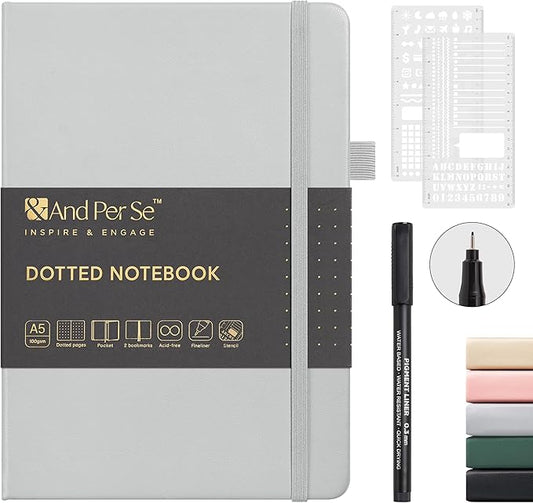 &And Per Se A5 Hardcover Dotted Notebook Kit for Beginners – 176 Numbered Pages, 100gsm Thick Paper, Includes Stencils & Fineliner Pen | Leather Bullet Journal with Templates, Lay Flat Design, Premium Gift for Women Men (Grey)