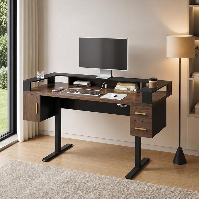 ModernMate 61'' Electric Standing Desk with Drawers, Dual Cup Holders | Height Adjustable Desk, Built-in Power Outlet & USB Ports, Monitor Stand, Sit Stand Table for Home Office, Black Walnut