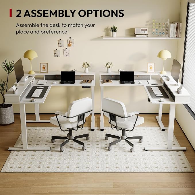 SANODESK 71" L Shaped Standing Desk with 4 Drawers, Height Adjustable Stand up Desk, Corner Gaming Desk with Monitor Stand, White Frame/White Top