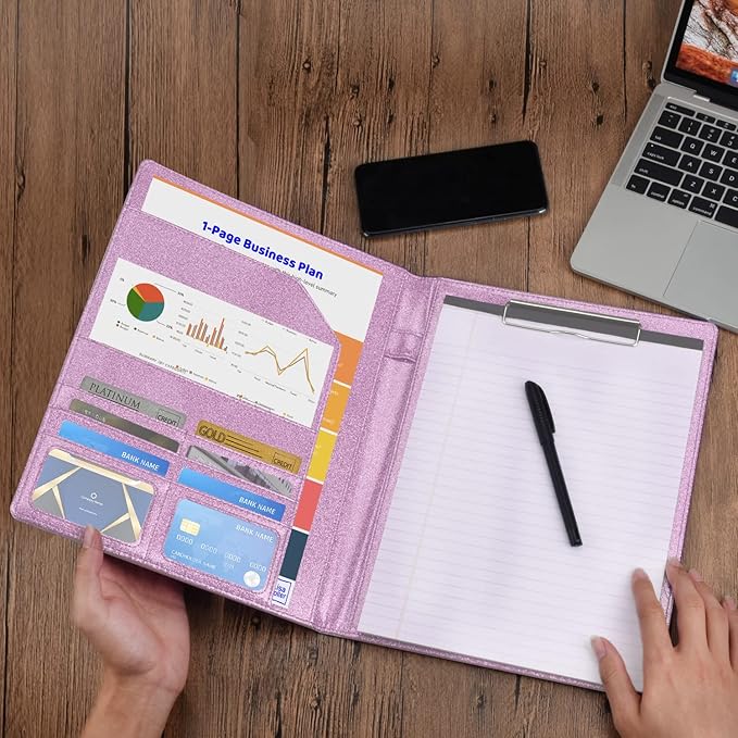 Cacturism Padfolio Portfolio Folder, Foldable Letter Size Clipboard Legal Pad, Bling PU Leather Professional Folio Organizer for Women - Resume Business Document Holder for Job Work Office, Pink