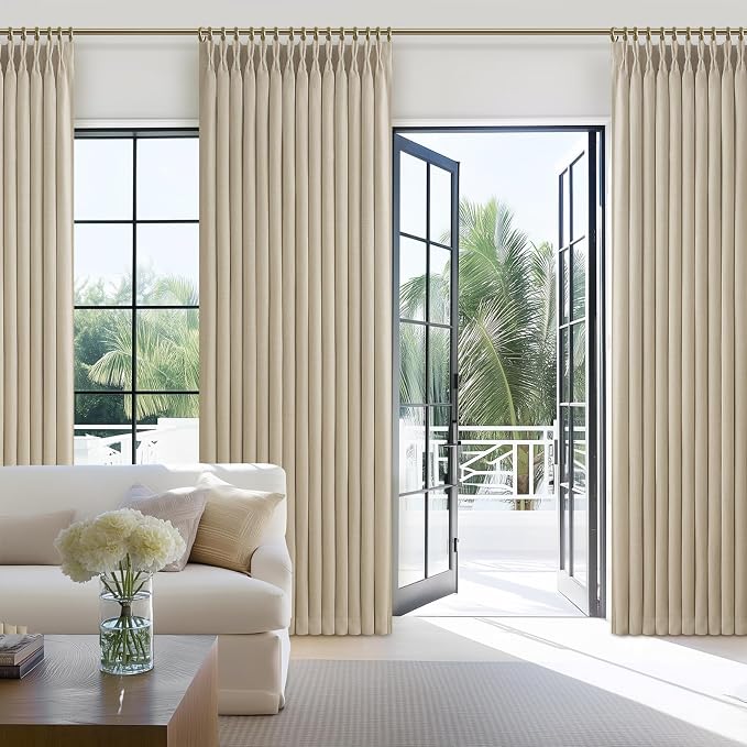 Pleated Natural 90 Inch Blackout Curtains for Dining Room 2 Panels Set, Rustic Farmhouse Pinch Pleat Linen Soundproof Curtain Thermal Room Darkening 2 Layer Thick Drapes 40"W x 90"L(Hooks & Back Tab)
