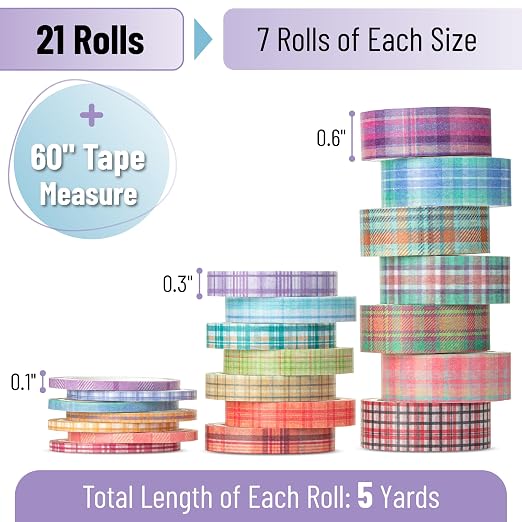 Mr. Pen- Washi Tape Set, 21 Rolls, Assorted Sizes, 5 Yards/Roll | Washi Tape for Scrapbook, Arts, Crafts, Journals and Planners, Plaid Design