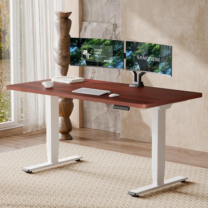 SANODESK Dual Motor Standing Desk 220lbs Height Adjustable Desk | 60"x24" Spacious One-Piece Mahogany Desktop & White Frame, 4 Memory Presets, 3-Stage Legs, 220lbs, 2-Box for Home & Office