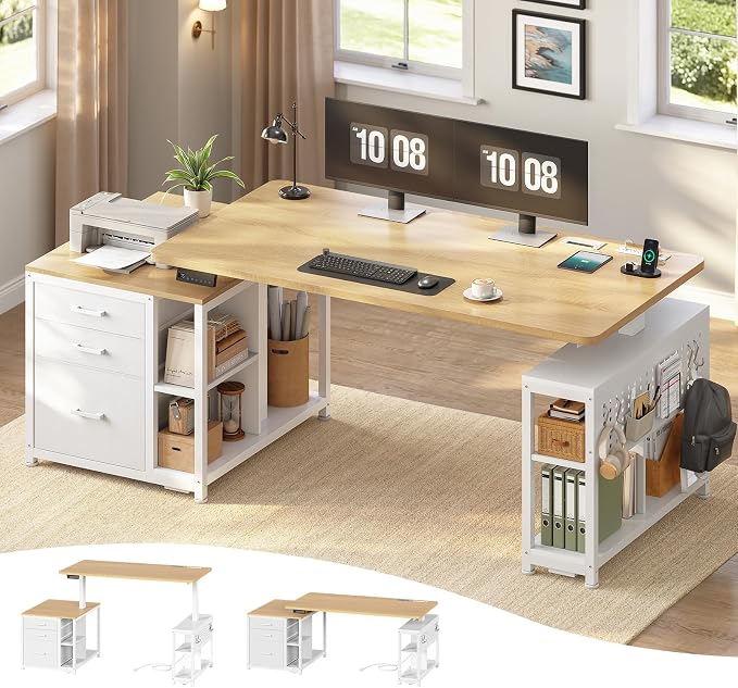 SEDETA 61" Electric Standing Desk with Storage Drawers, Height Adjustable Office Executive Desk with File Drawer, Stand up Computer Desk with Power Outlet for Home Office, Oak