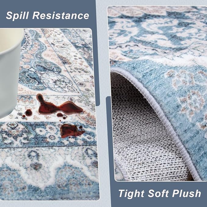Macgace 5x7 Area Rug for Bedroom, Machine Washable Rugs with Non-Slip Backing for Living Room, Soft Vintage Carpet Kitchen Laundry Kids Room Decor, Blue & Beige