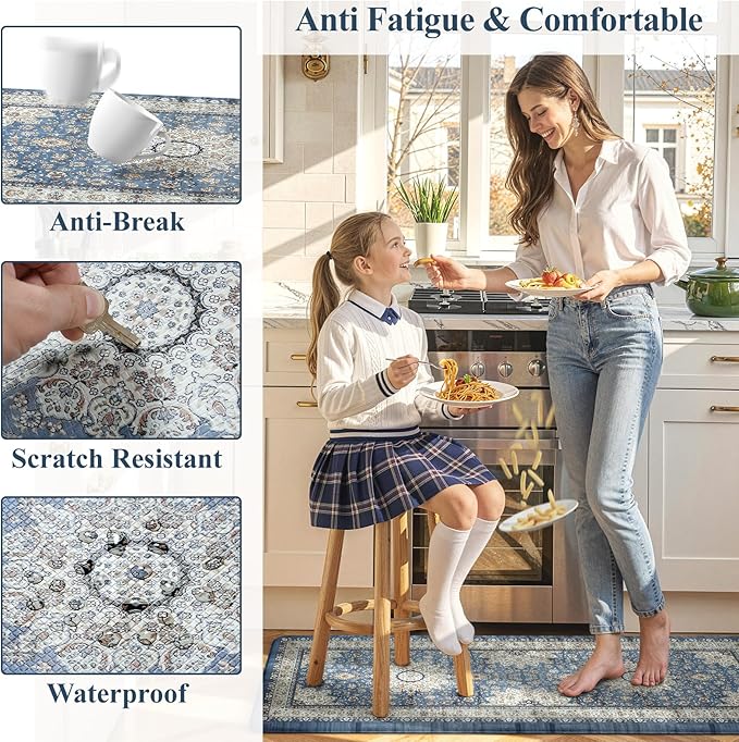 Collive Cushioned Kitchen Floor Mats, Anti Fatigue Kitchen Mats for Floor Non Slip Waterproof Sink Rugs, Comfortable Standing Desk Mat for Office, Laundry Room, 17"x47"-Blue