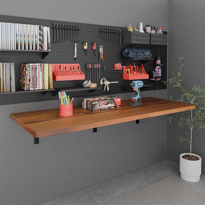 IAE Floating Wall Mounted Folding Table Desk with Pine Wood,55" x 22" Folding Workbench,Fold Down wall Mounted Foldable Table with Shelf Brackets,Laundry Folding Table for Apartment,Home,Kitchen,Teak