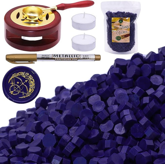 SWANGSA Wax Seal Kit, 1450pcs Starry Blue Sealing Wax Beads, Wax Seal Warmer, Wax Spoon, Gold Wax Seal Pen and Tealight Candles for Wedding Christmas Invitation Seals