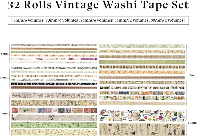 Bomichi 32 Roll Vintage Washi Tape Set Decorative Masking Paper Rainbow Colors Aesthetic Adhesive Ribbon Scrapbook Junk Journal Bullet Planner Diary DIY Craft Card Making Gift Wrapping Supplies