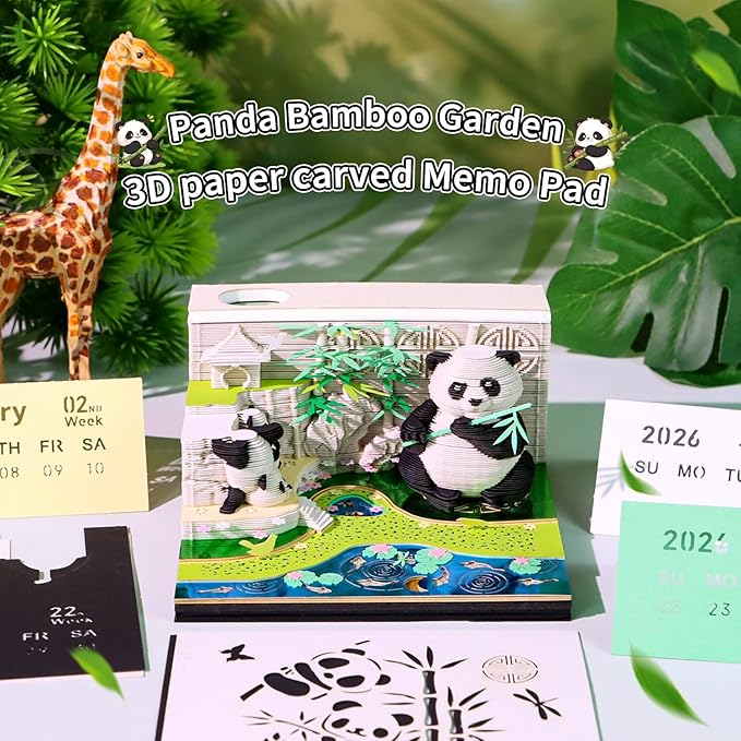 3D Art Calendar Memo Pad 2026, Tear Away 3D Paper Carving Time Piece Calendar Notepad Creative DIY Note,Bamboo Garden Panda