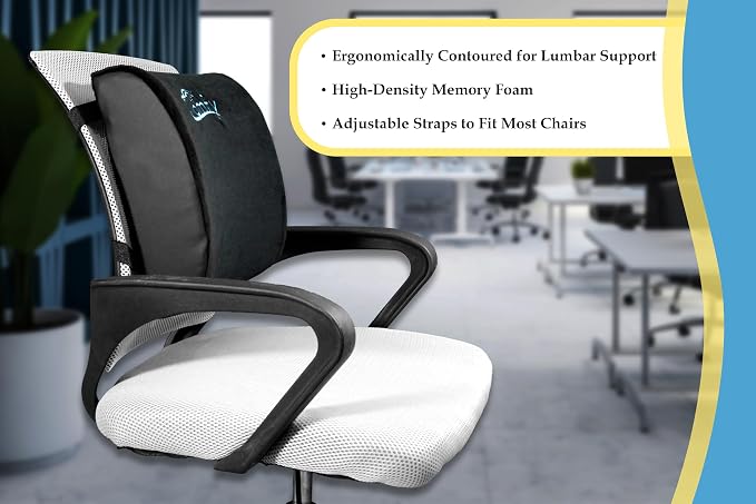 Premium AE Comfy Lumbar Support Pillow – Memory Foam Back Cushion for Office Chair, Car, or Gaming Chair – Ergonomic Lower Back Support for Pain Relief with Adjustable Removable Straps