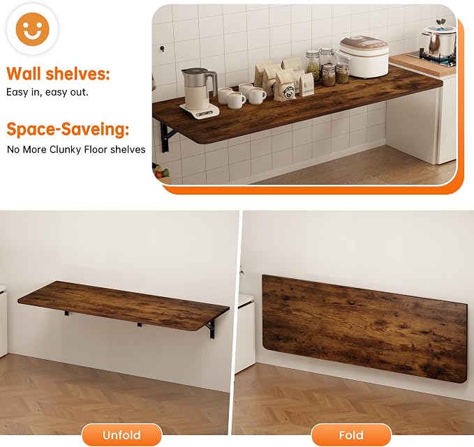 IAE Wall Mounted Floating Foldable Desk, 60" x 22" Folding Computer Workstation Table with Engineered Wood and Metal Shelf Brackets,Fold&Floating Design for Home Office, Apartment,Laundry Room,Rustic