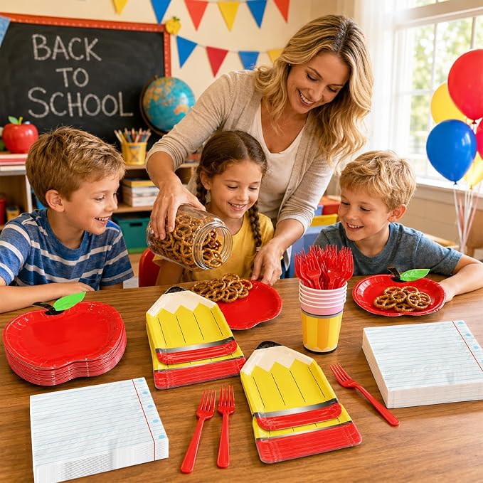 Back to School Party Supplies Kit Apple Pencil Notebook Composition Tableware Set Disposable Dinnerware Paper Napkin Plate Cup Fork for First Day of School Kindergarten Graduation Decor, 24 Guest