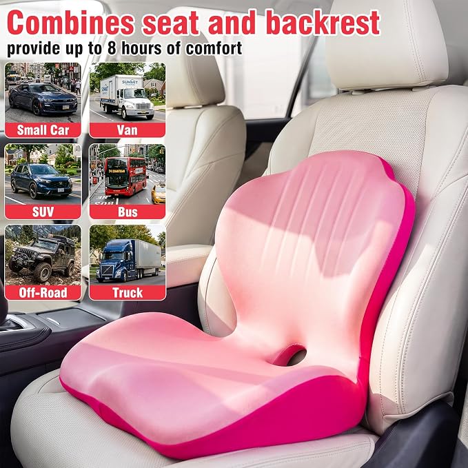 Car Seat Cushion with Lumbar Support Pillow, Memory Foam Office Chair Cushion for Back Pain Sciatica Pain Relief, Ergonomic L-Shaped Seat Cushion for Car Truck Driving Office Chair Home (Pink)