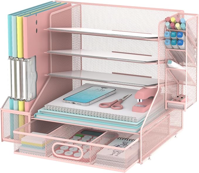 Desk Organizer with 5 Tier File Holder and Sliding Drawer Pen Holder Pink | Paper Letter Tray with 3 Tilted File Sorters to Keep Desk Accessories and Office Supplies within Reach
