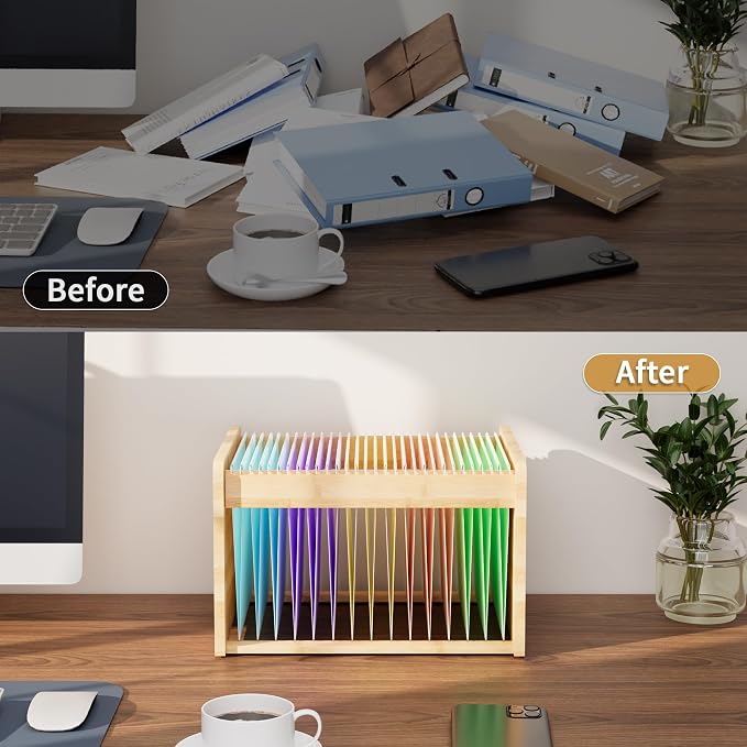 Bamboo Hanging File Organizer, Desktop File Box, Open Top, 1 Pack, Natural | Open-Top Access, 2 Hanging Folders Included, Letter & Legal Files, Sliding Rails, Reinforced Handles, Easy Assembly