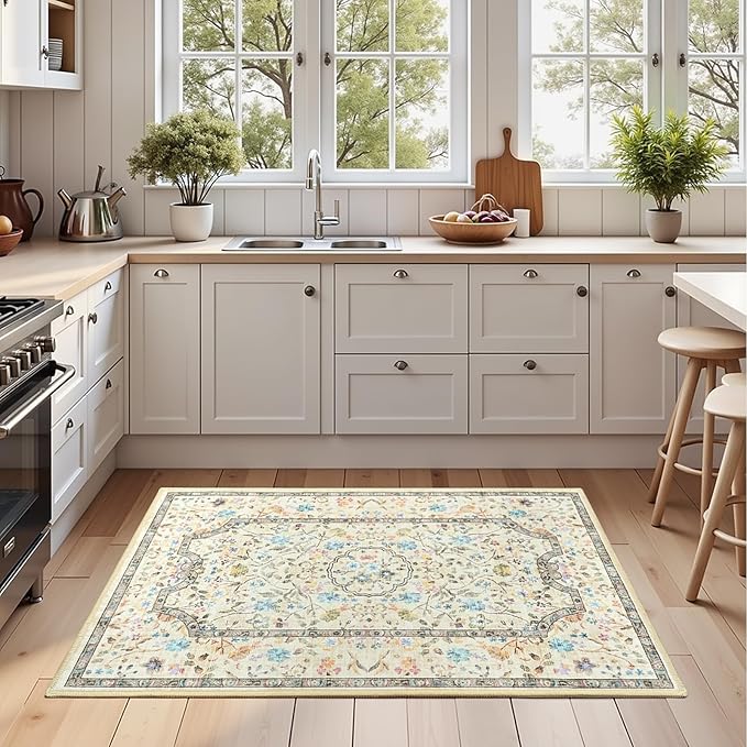 Vasofe 2x3 Area Rug for Bedroom, Small Rugs for Entryway, Kitchen, Bathroom, Non-Slip Washable Carpet Soft Low Pile Vintage Floral Beige Mat Front Door Mats for Indoor Entrance